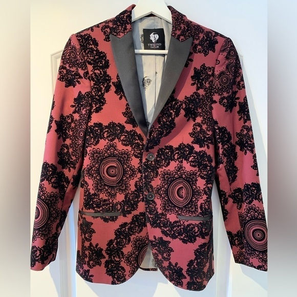 Twisted Tailor Other - Twisted Tailor Blazer Men Sz 34R Black Burgundy Textured Velvet Dandy Old Money